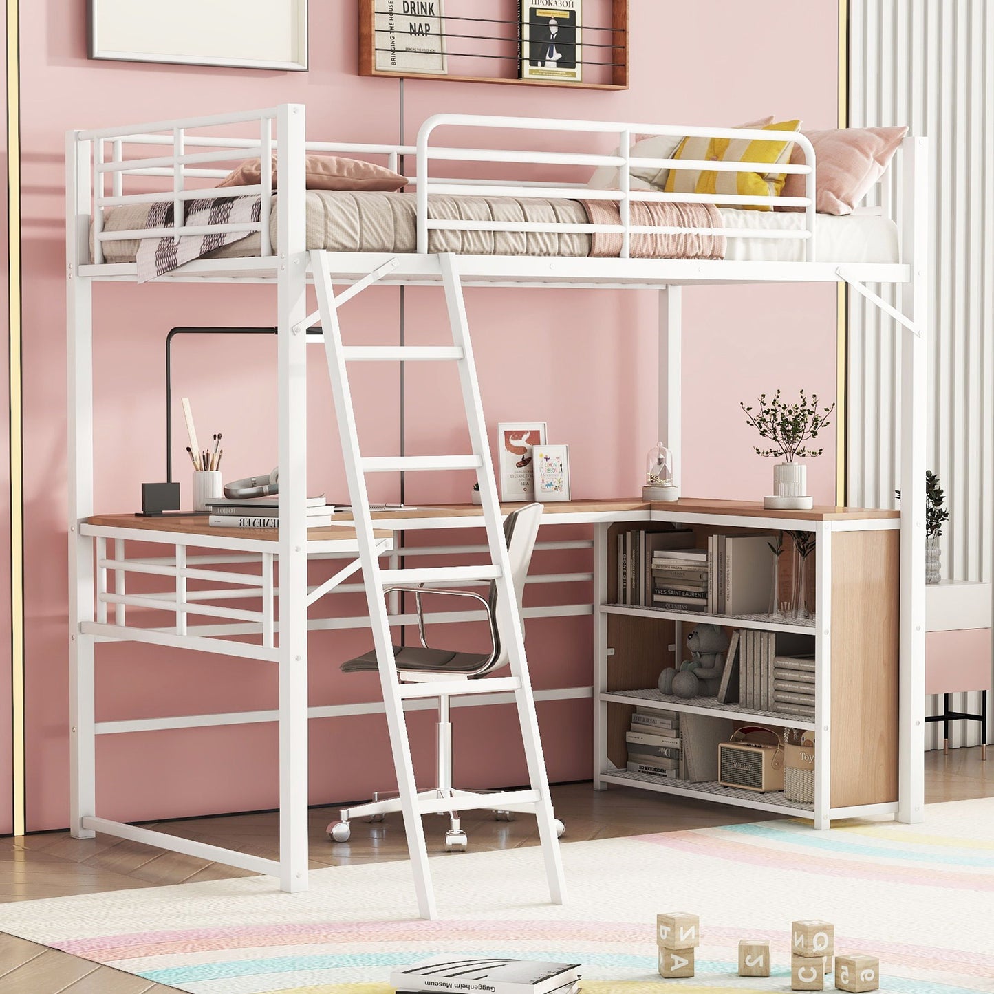 Twin Size Loft Bed With 3 Layers Of Shelves And L-Shaped Desk - White