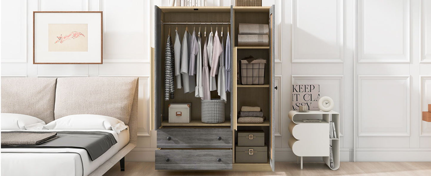 3 Doors Rattan Wardrobe Storage For Bedroom, With 2 Drawers - Gray / Nature