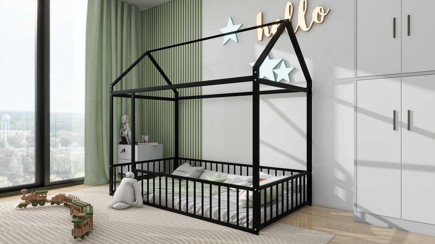 Twin Size Bed House Bed Frame With Fence - Black
