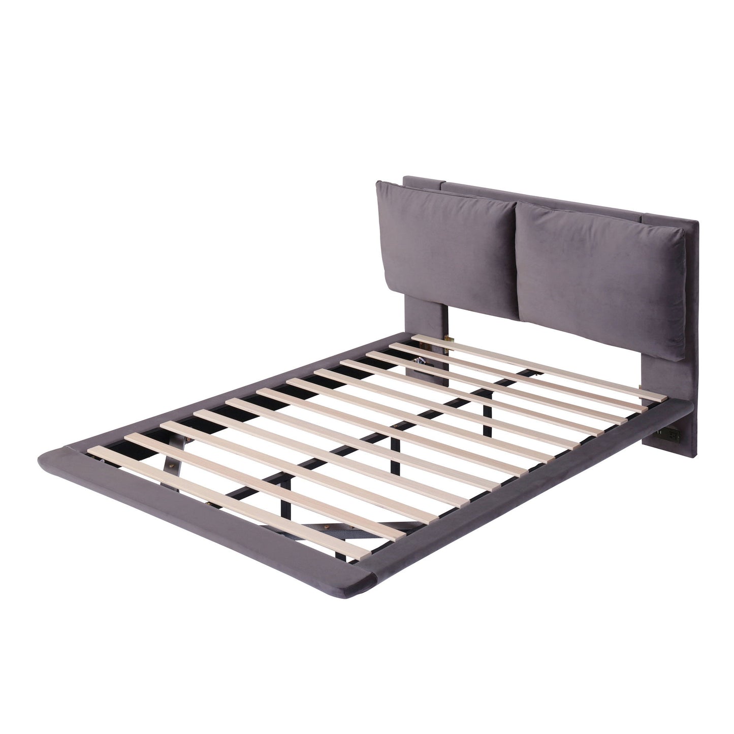 Full Size Upholstered Platform Bed With Sensor Light And 2 Large Backrests, Stylish Platform Bed With 2 Sets Of USB Port And Socket On Each Rear Bed Leg - Gray