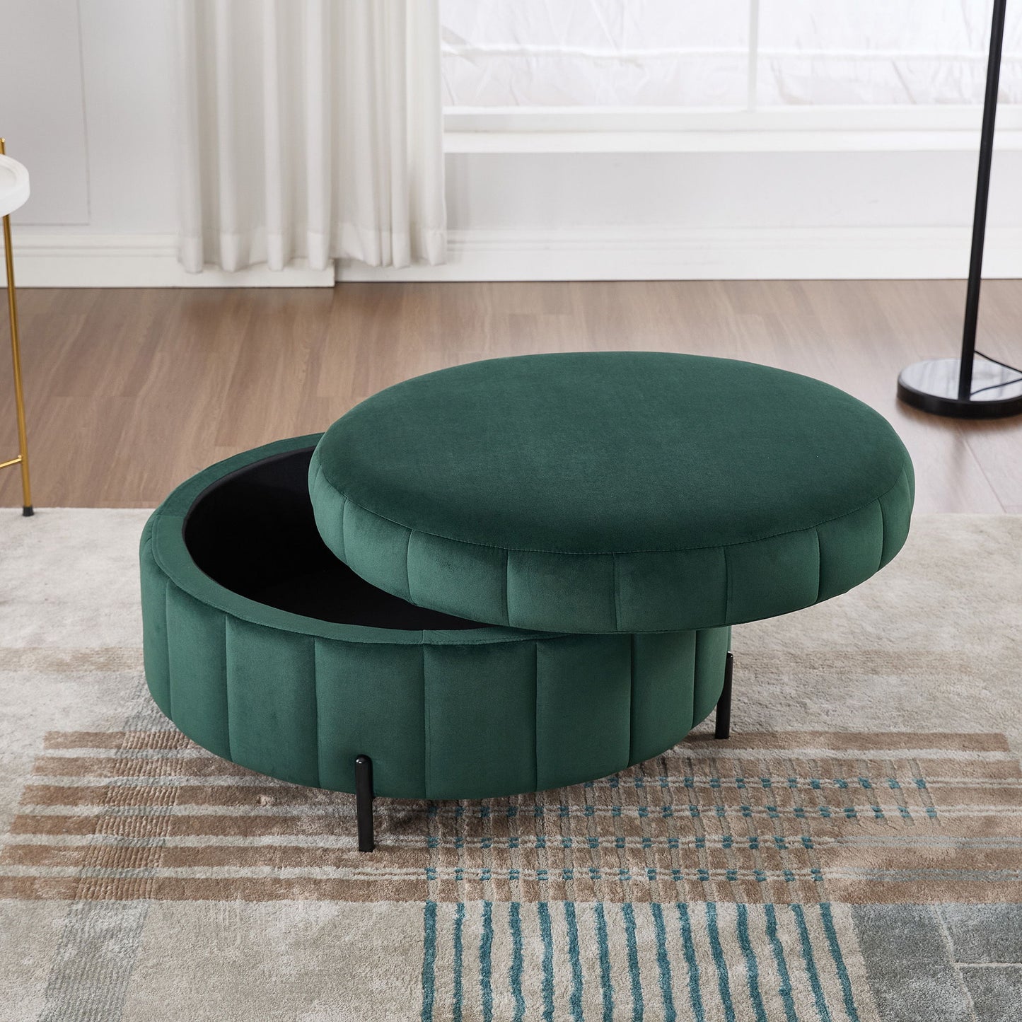 Upholstered Round Ottoman With Reversible Lid, Velvet Storage Stool, Channel Tufted Pumpkin Shape Footstool For Living Room, Bedroom And Office - Green