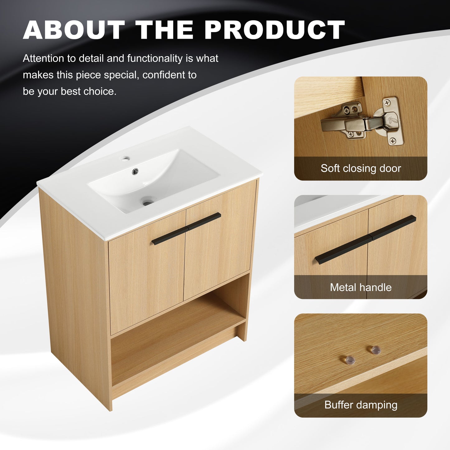 Modern 30" Bathroom Vanity With Ceramic Sink, Freestanding Cabinet, 2 Soft Closing Doors - Oak