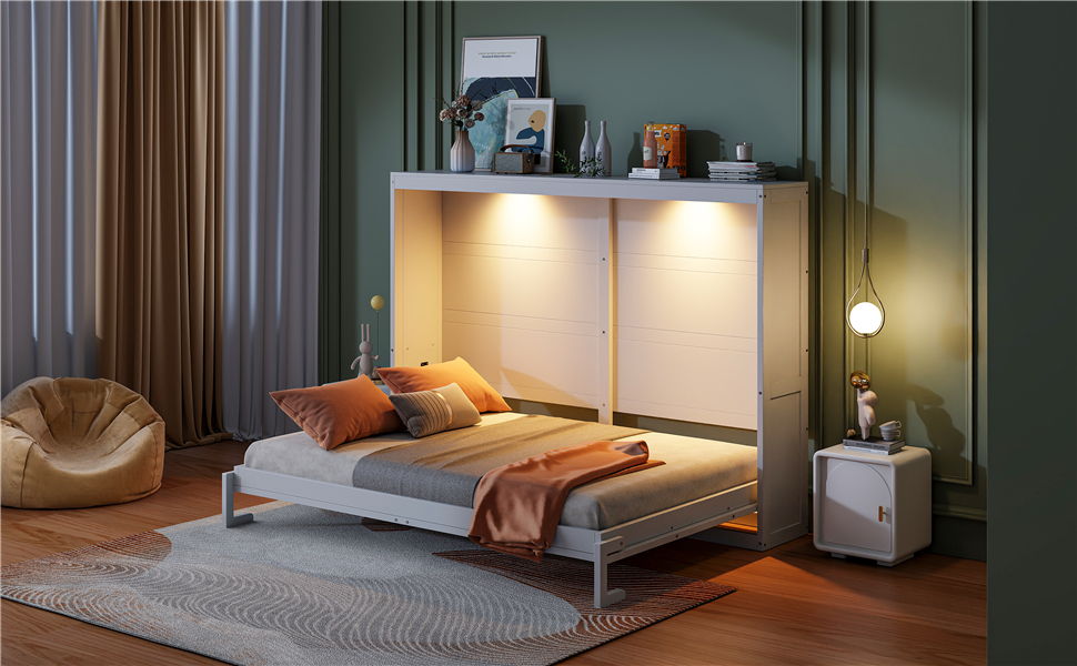 Queen Size Murphy Wall Bed Modern Design With LED Lights - White