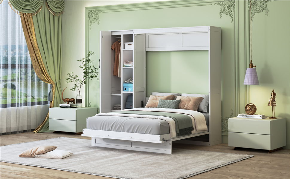 Full Size Murphy Wall Bed With Shelves, Wardrobe And LED Lights - White