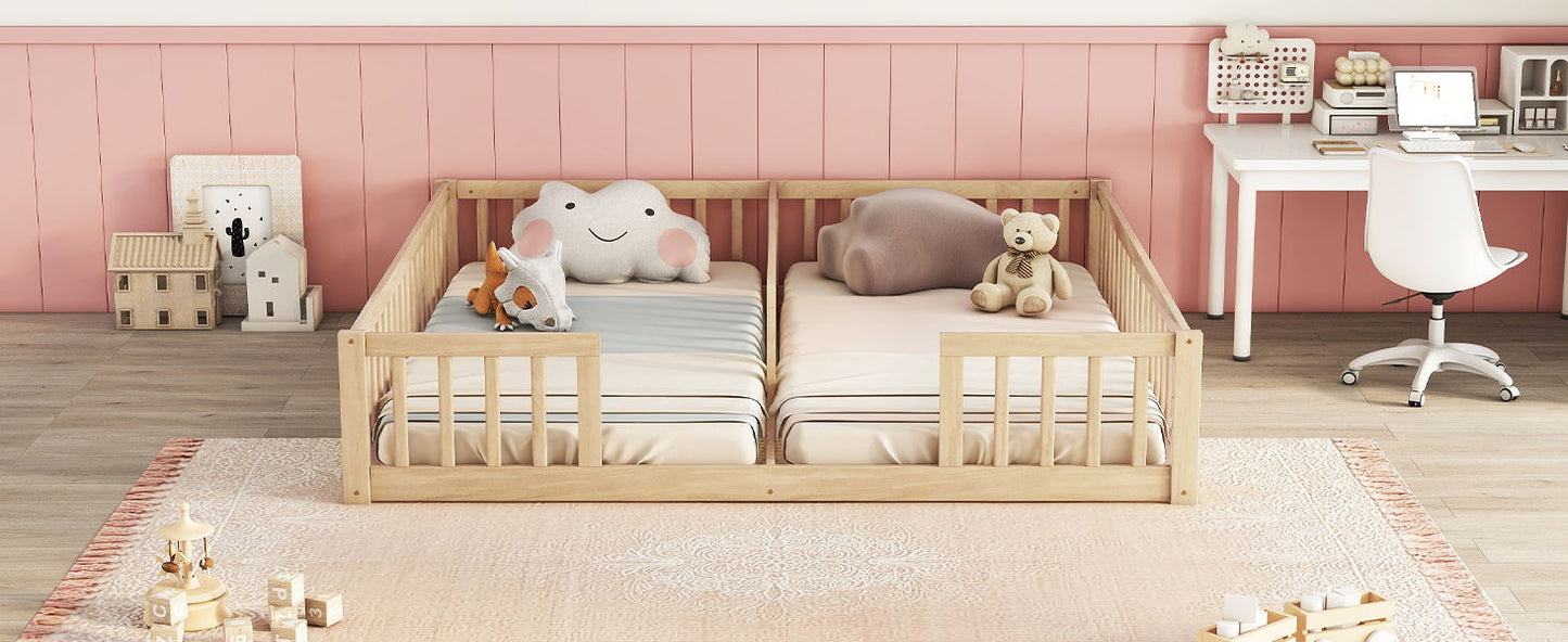 Double Twin Floor Bed With Fence, Guardrails, Without Door - Natural
