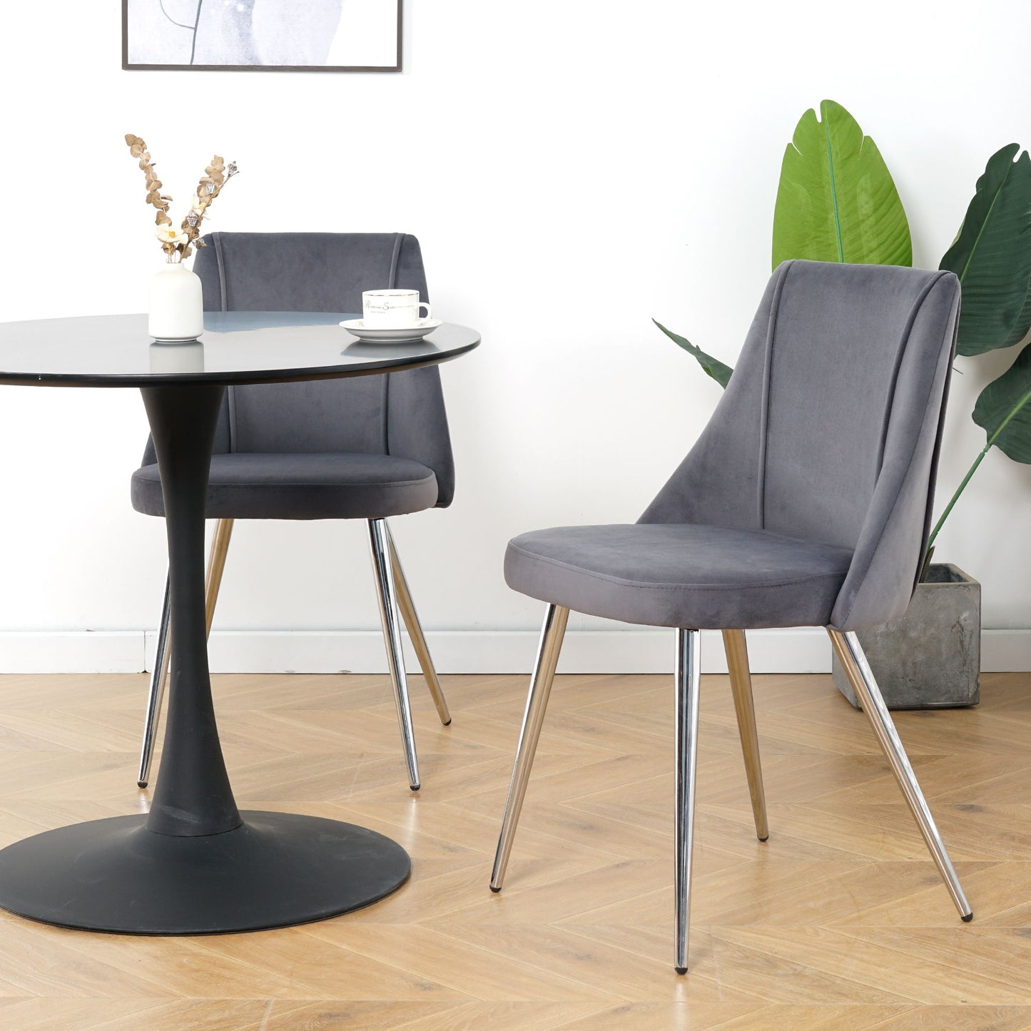 Modern Velvet Dining Chairs, Upholstered Accent Chairs With Chrome Legs For Home And Kitchen - Gray