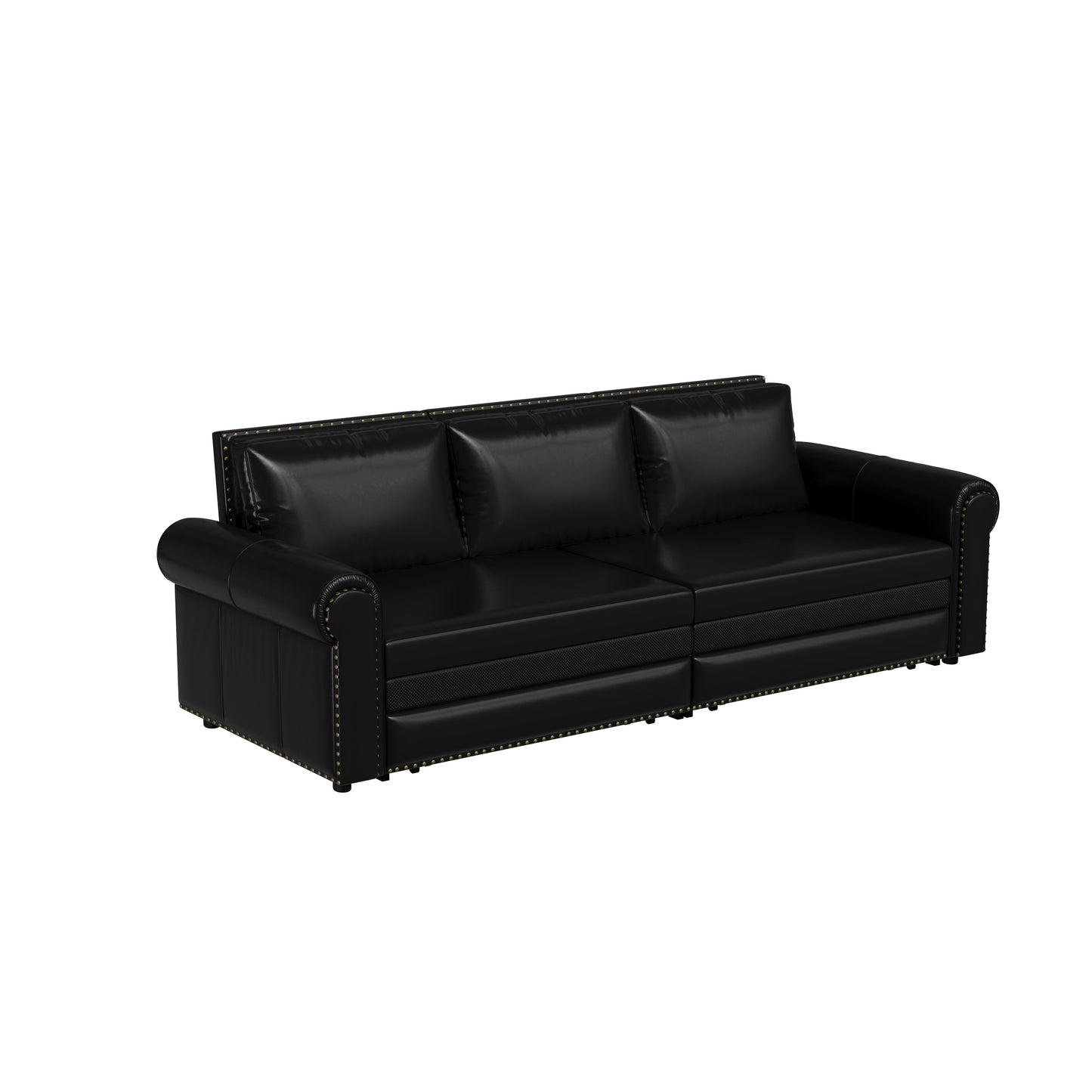 Pull Out Sofa Bed, 3 In 1 Faux Leather Convertible Sleeper Sofa With Nailhead Trim & Rolled Arm Multifunctional Sofa Bed For Living Room - Black