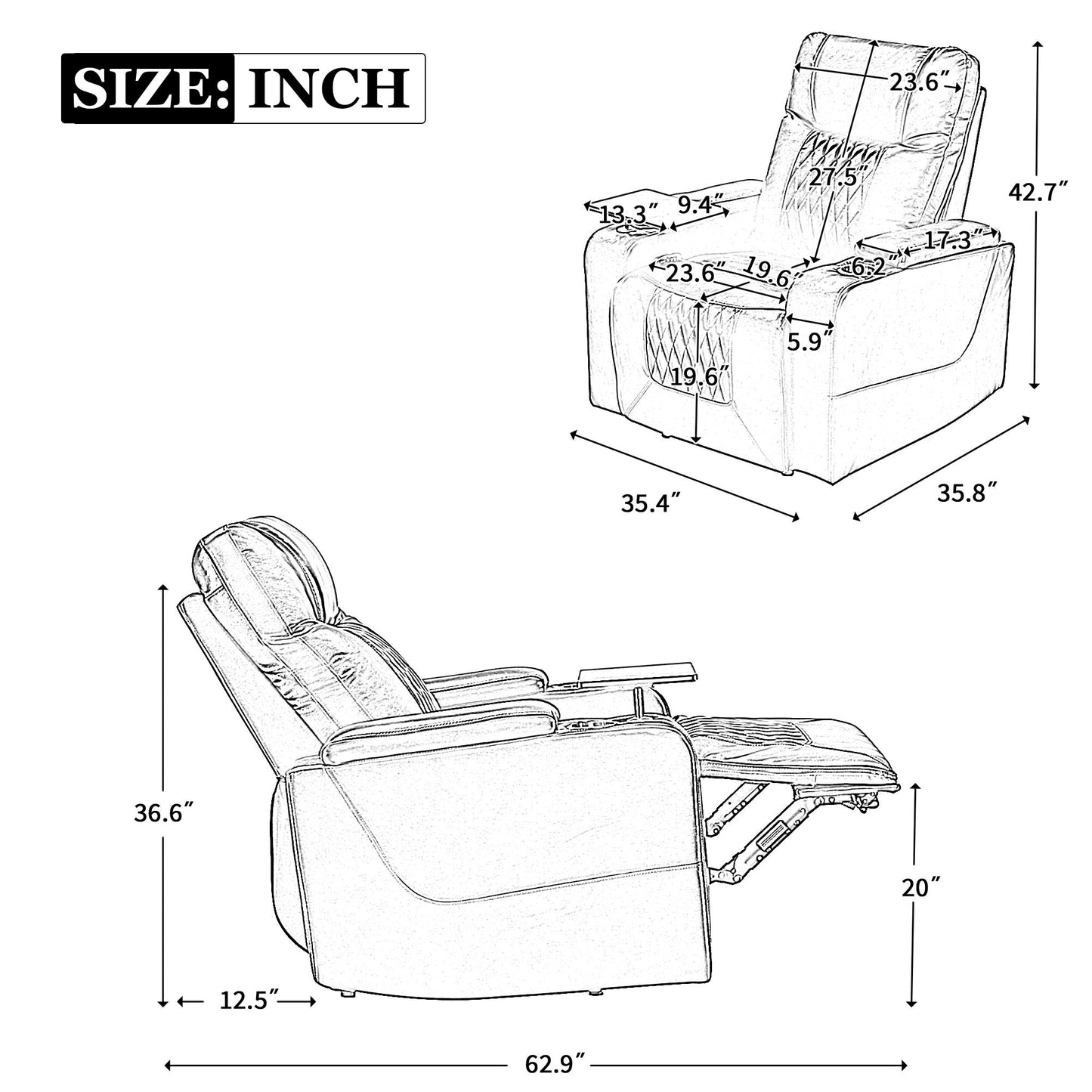Power Motion Recliner With USB Charging Port And Hidden Arm Storage 2 Convenient Cup Holders Design And 360 Degree Swivel Tray Table - Black