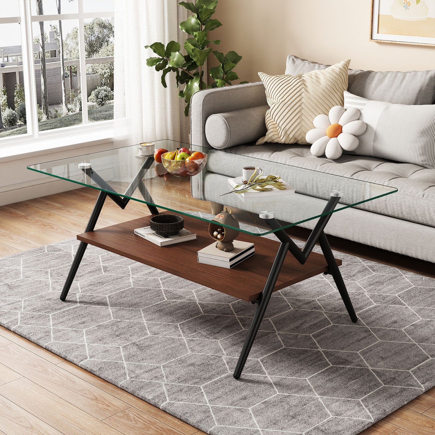 Rectangle Coffee Table With Tempered Glass Top And Metal Legs, Modern Table For Living Room, Transparent Glass - Dark Brown