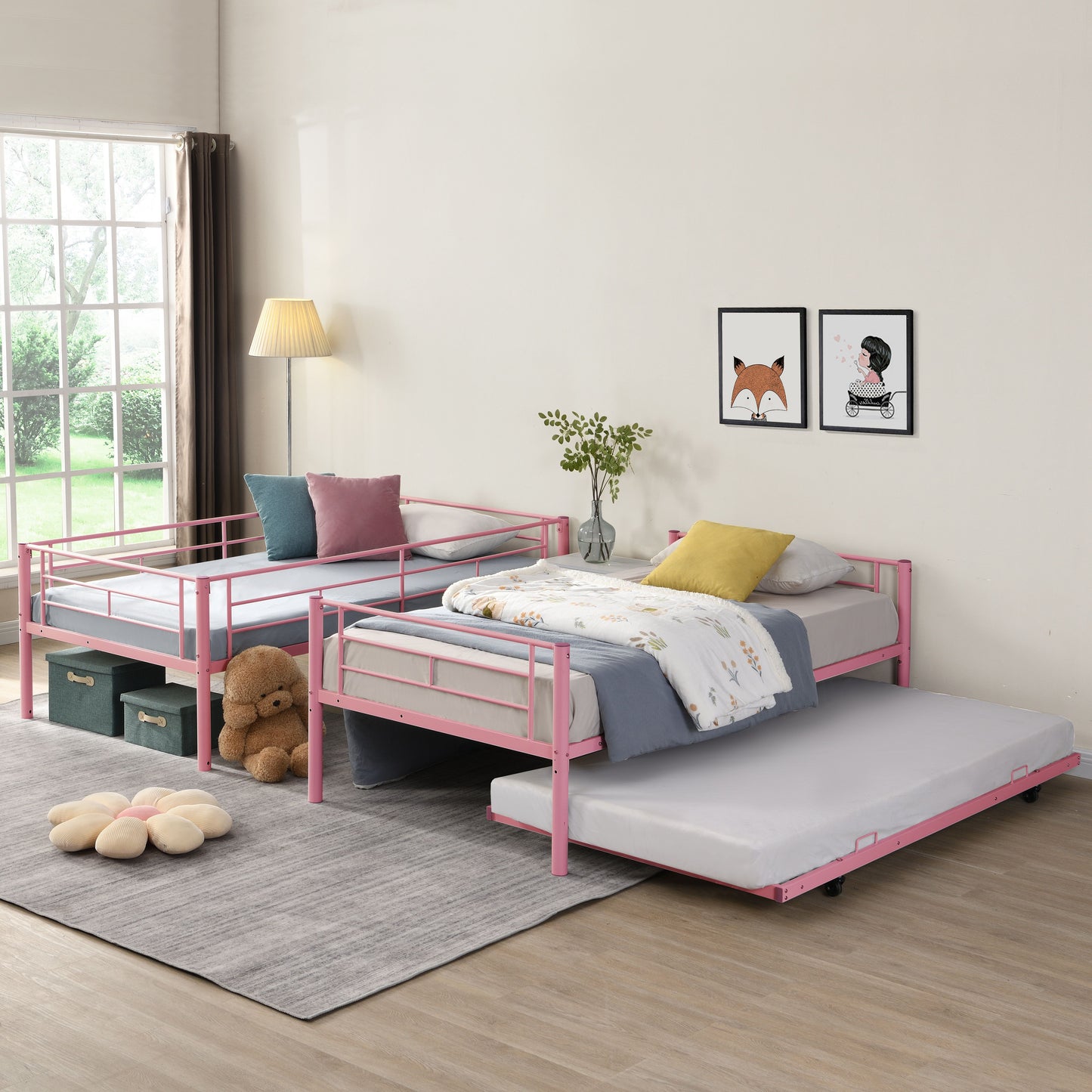 Modern Metal Bunk Bed With Trundle, Durable Steel, Twin Over Twin - Pink
