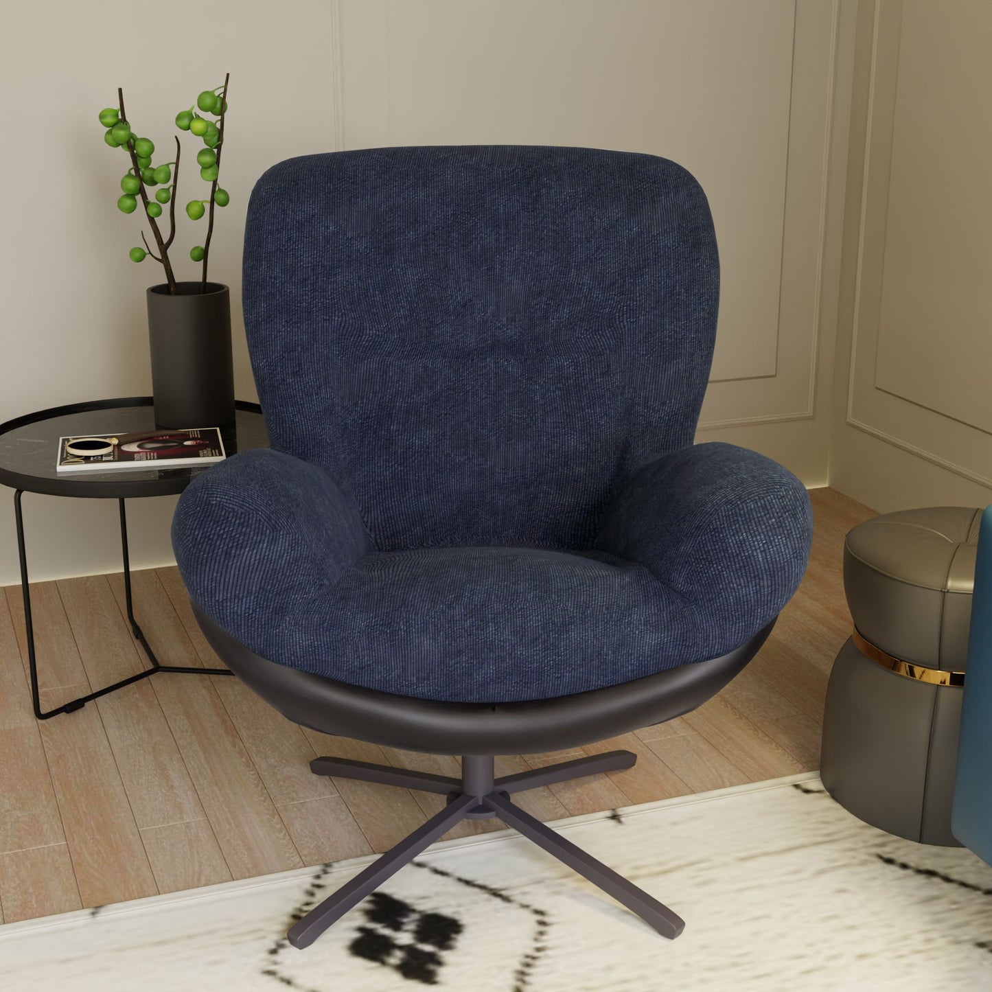 360ÔøΩÔøΩ Swivel Office Chair, Modern Chenille Chair With And Metal Base Frame, No Wheels, Accent Chair - Dark Blue