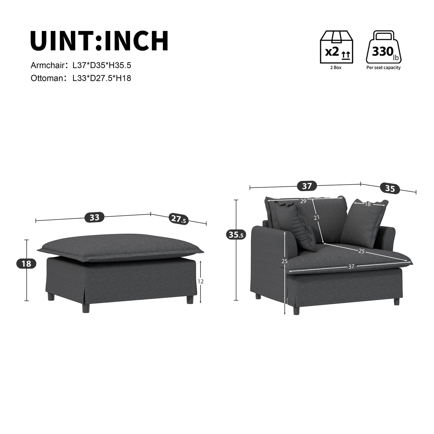 Oversized Chaise Lounge Indoor Single Sofa Bed With Wide Seat, Upholstered Lazy Sleeper Armchair With Movable Ottoman Reading Couch Set - Gray