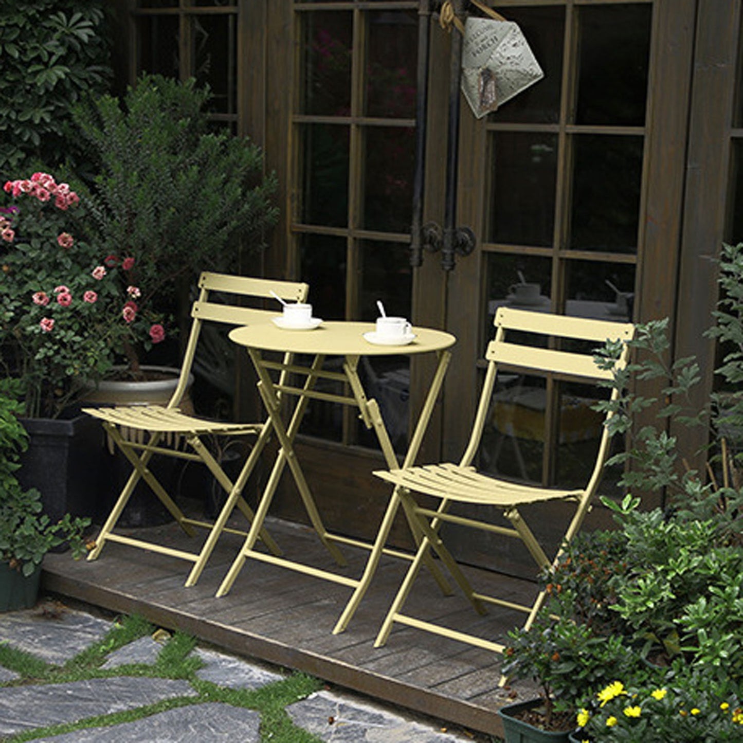 3 Piece Patio Bistro Set Of Foldable Round Table And Chairs - Yellow
