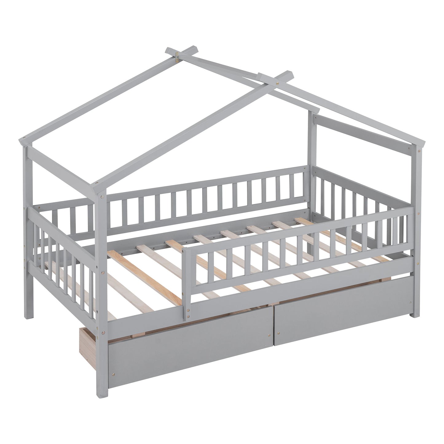 Twin Size House Bed With 2 Drawers - Gray