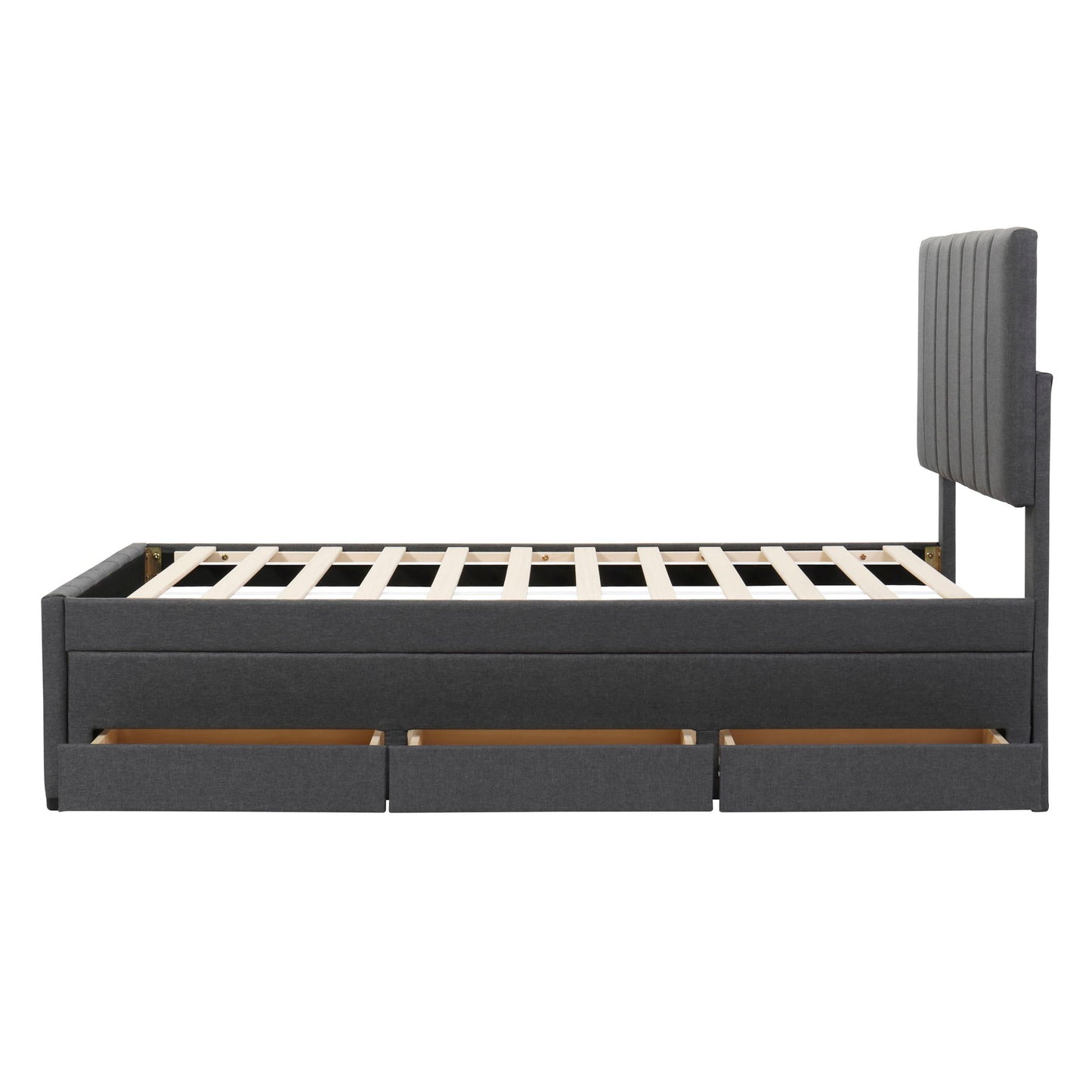 Twin Size Upholstered Platform Bed With Trundle And 3 Drawers - Gray