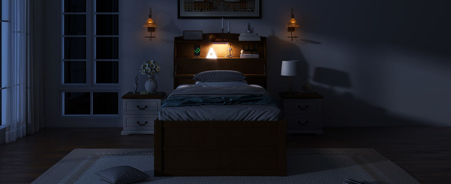 Twin Size LED Platform Bed With Trundle With Storage Headboard With Drawers - Brown