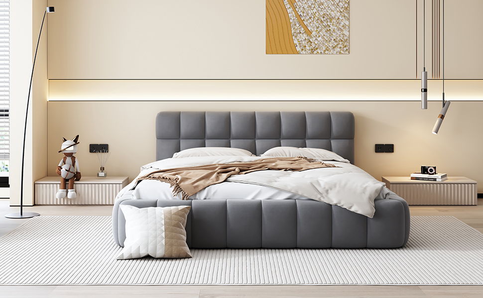 Queen Size Upholstered Platform Bed With Thick, Grounded Bed With Solid Frame - Gray