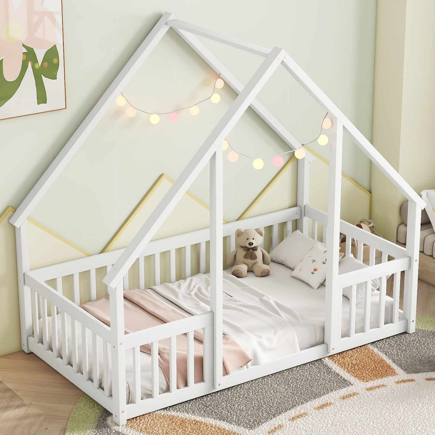 Twin Wood House-Shaped Floor Bed With Fence, Guardrails - White