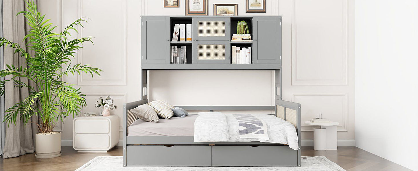 Full Size Wooden Daybed With 2 Drawers, And All In One Cabinet And Shelf - Gray