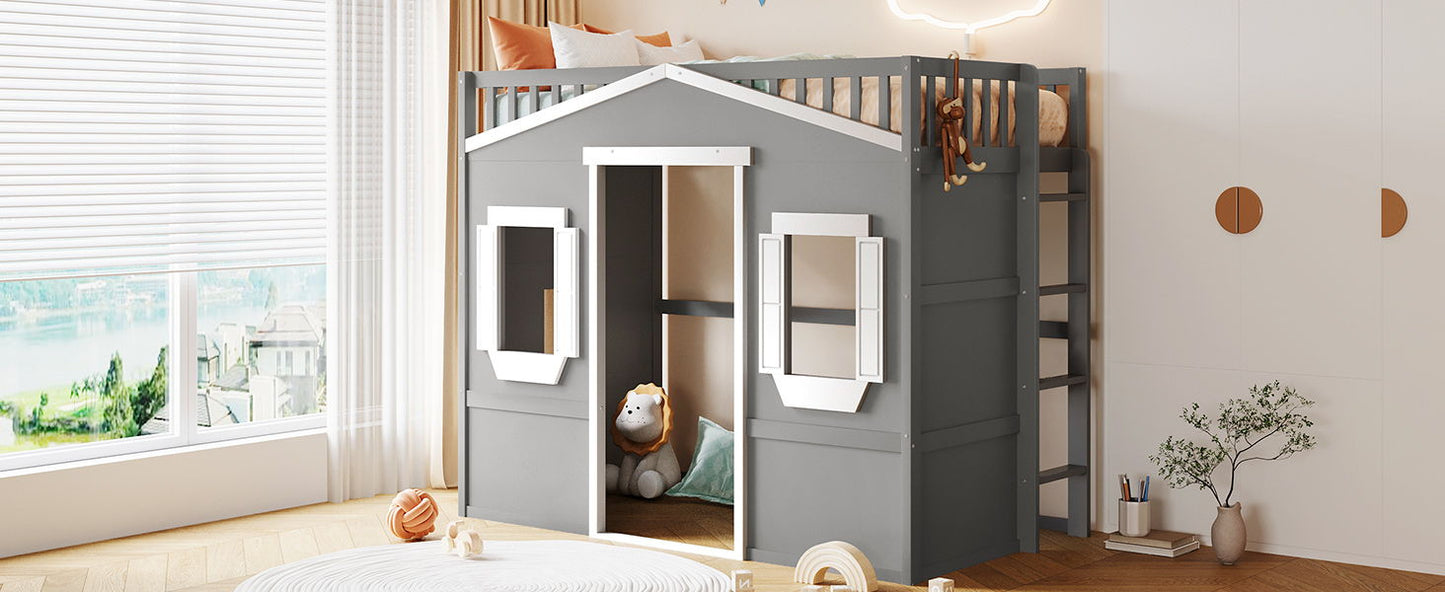 Twin Size House Loft Bed With Ladder - Gray / White