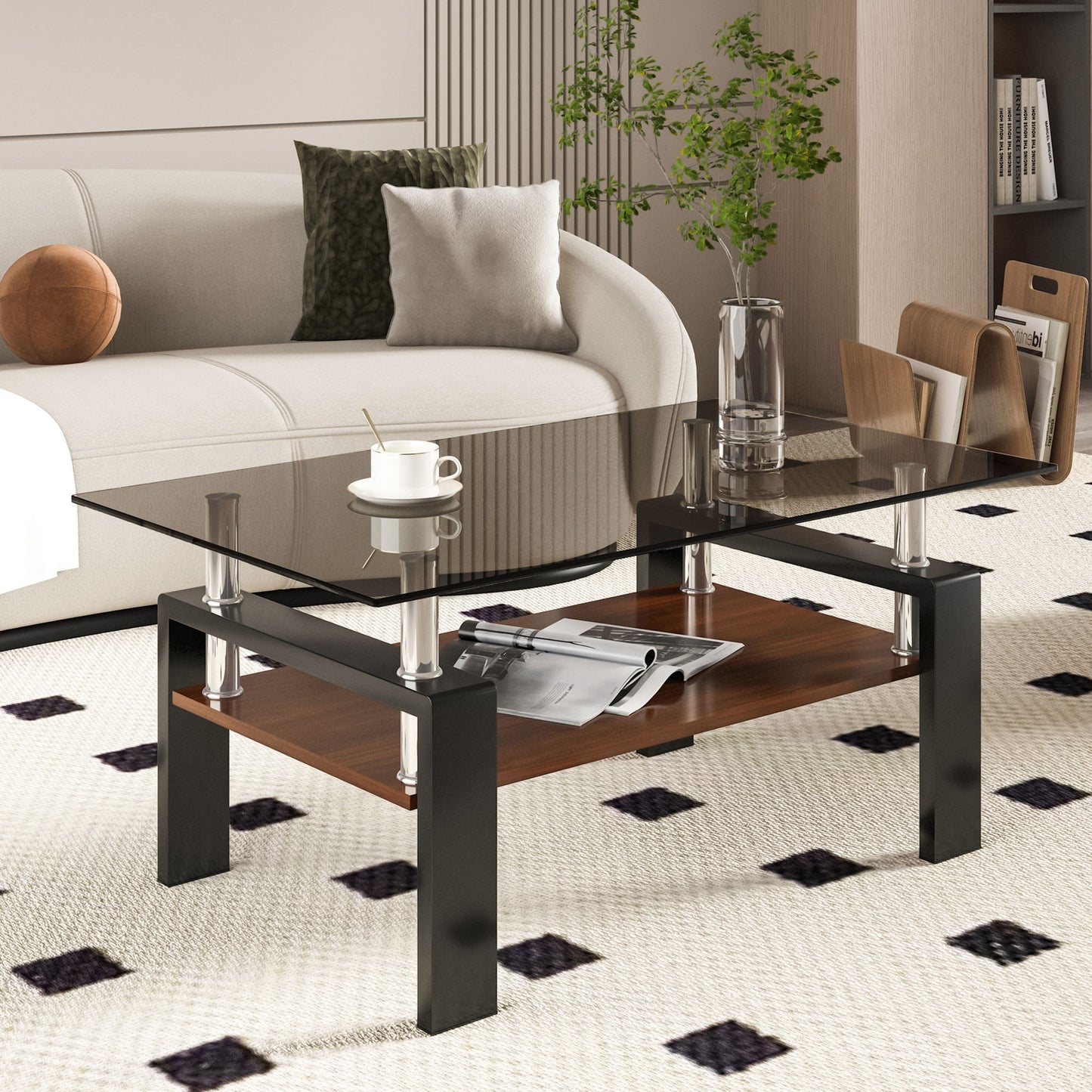 Modern Rectangular Coffee Table With Tempered Glass Top Layer - Gray