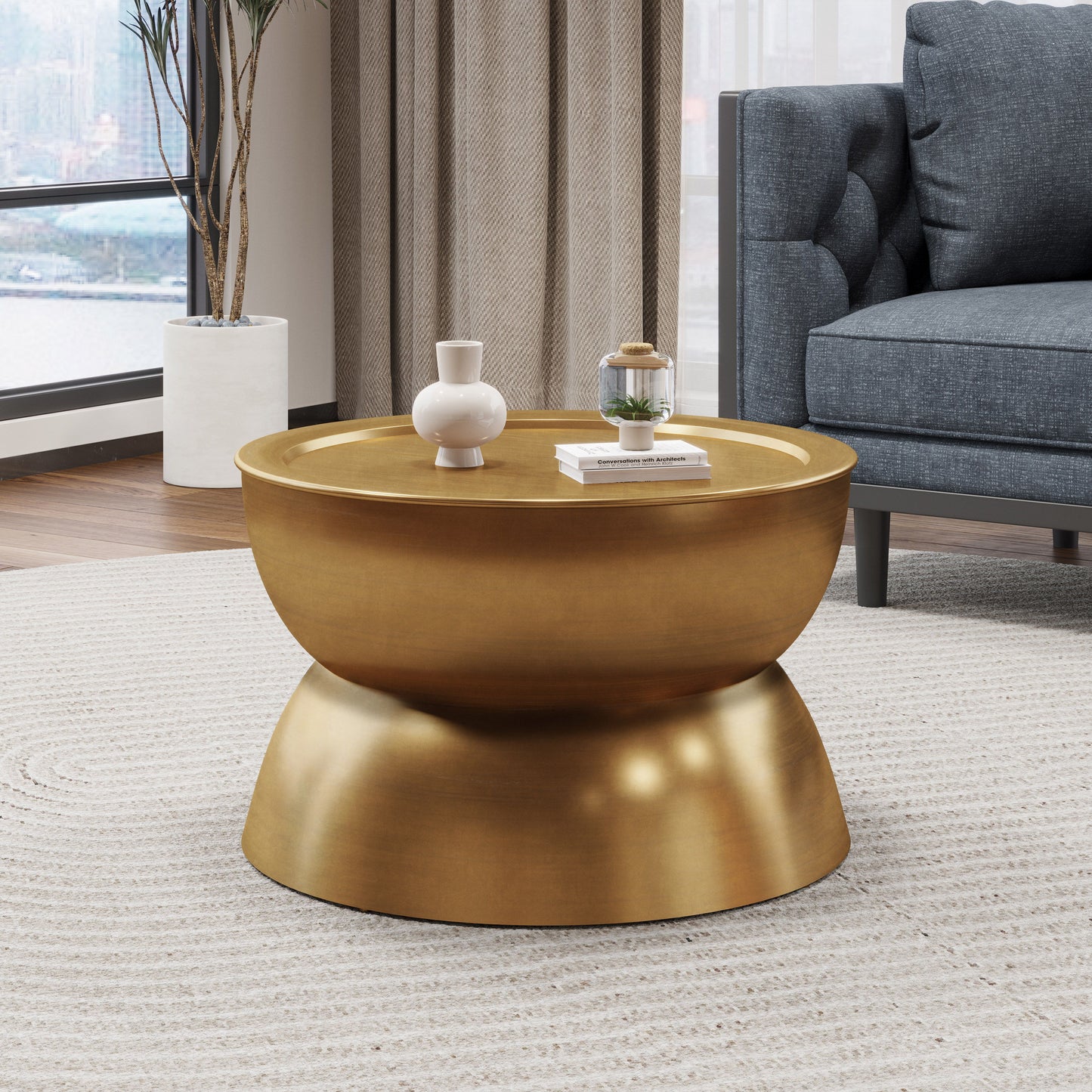 Metal Hammered Coffee Table With Stunning Hourglass Design - Gold
