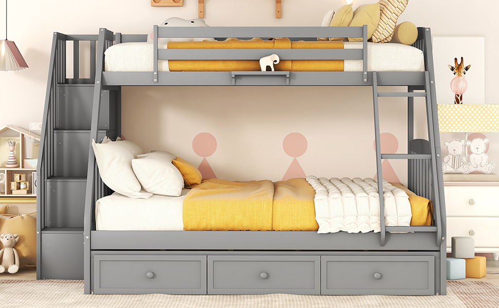 Twin Over Full Bunk Bed With Drawers, Ladder And Storage Staircase - Gray
