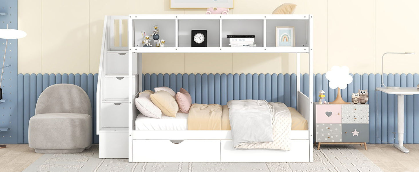 Twin Over Full Bunk Bed With Shelfs, Storage Staircase And 2 Drawers - White