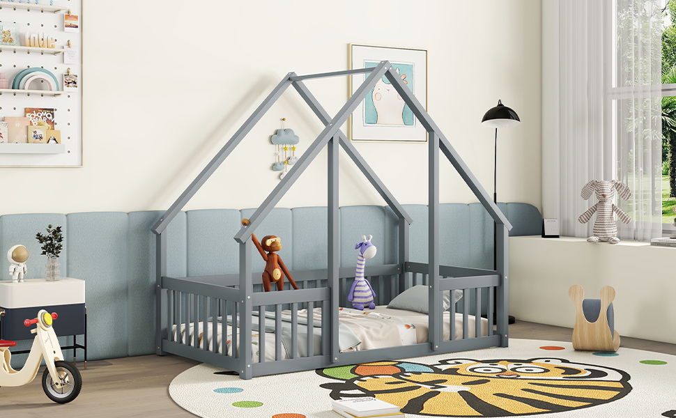 Twin Wood House-Shaped Floor Bed With Fence, Guardrails - Gray
