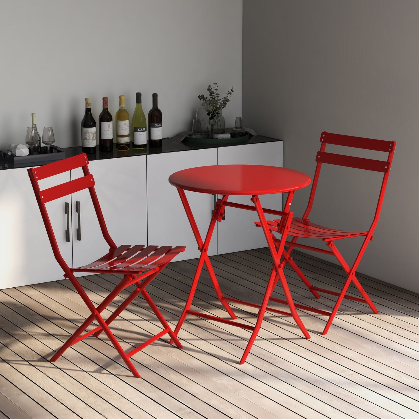 3 Piece Patio Bistro Set Of Foldable Round Table And Chairs - Red