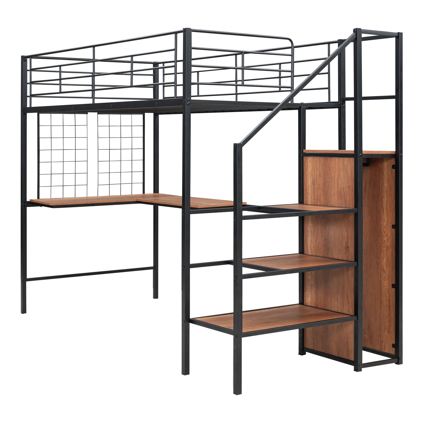 Twin Size Loft Bed With Desk And Grid, Stylish Frame With Lateral Storage Ladder And Wardrobe - Black