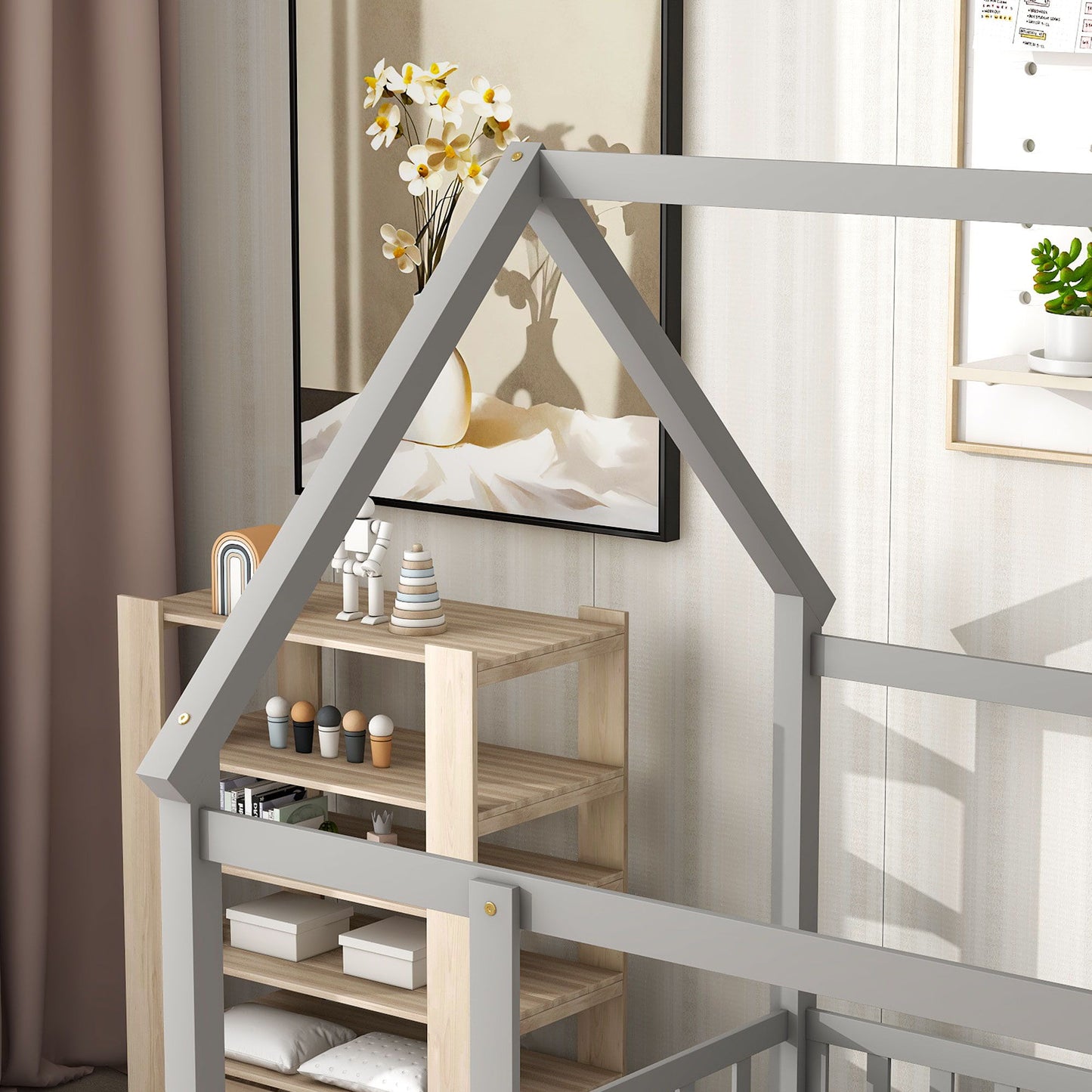 Full Size Floor Wooden Bed With House Roof Frame, Fence Guardrails - Gray