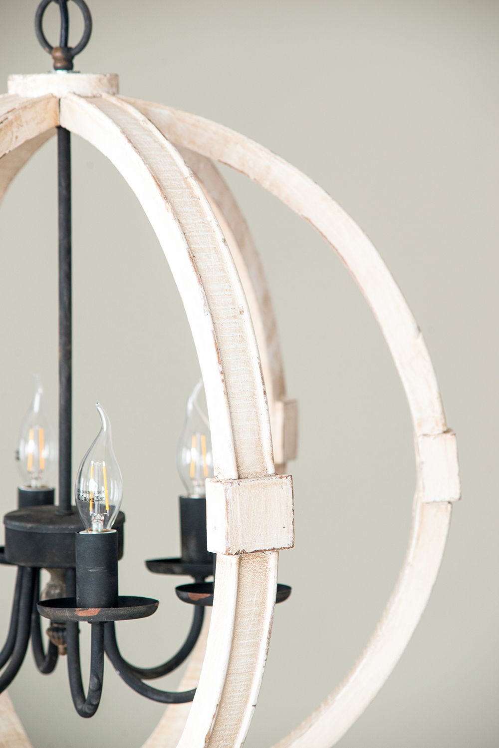 6 Light Wood Chandelier, Hanging Light Fixture With Adjustable Chain For Kitchen, Bulb Not Included - White