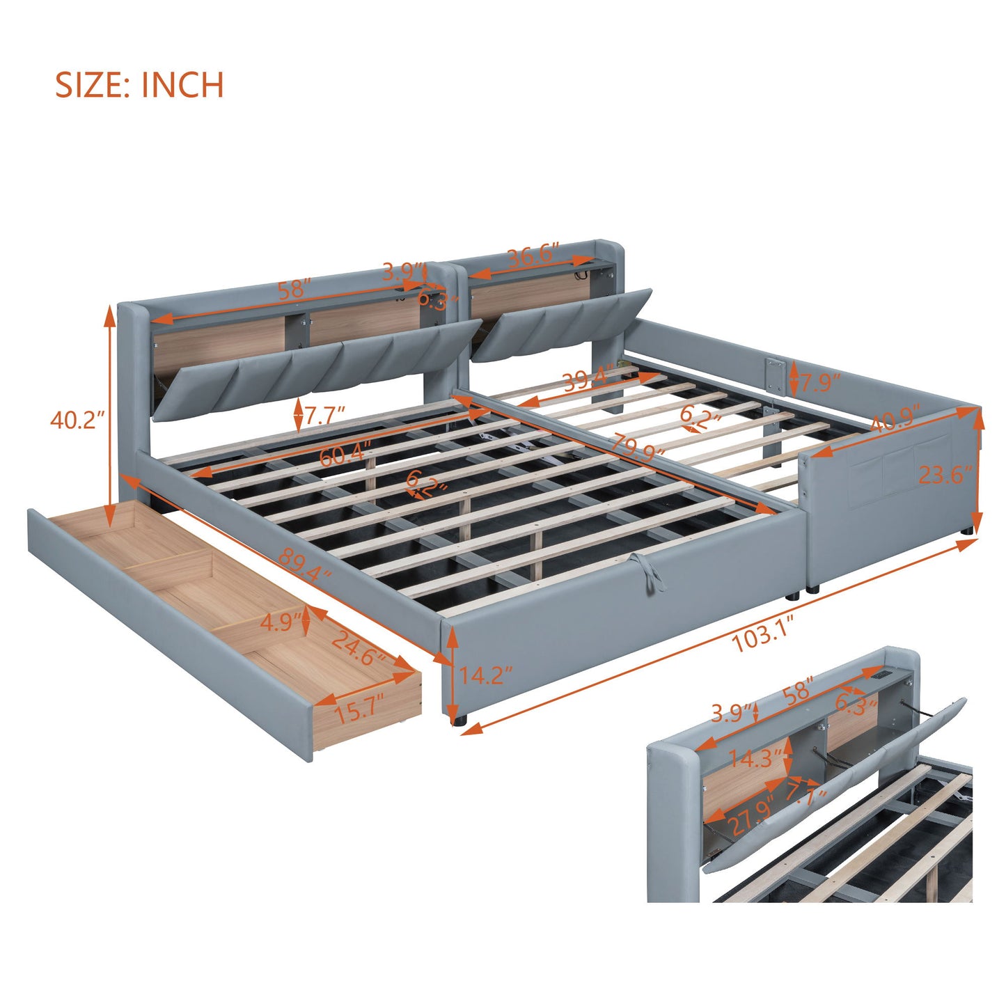 Queen & Twin Long Size Upholstered Platform Bed, Mother & Child Bed With Hydraulic Storage System, Drawer Box, Bedhead Storage Shelf And 2 Pairs Of Sockets & USB Ports - Gray