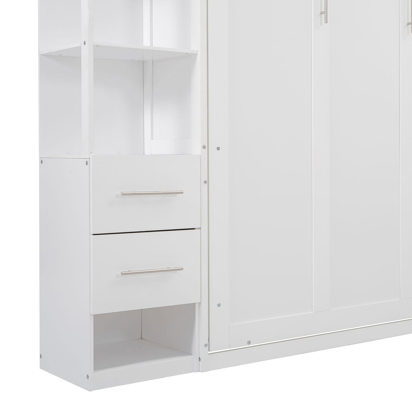 Queen Size Murphy Wall Bed With Shelves, Drawers And LED Lights - White