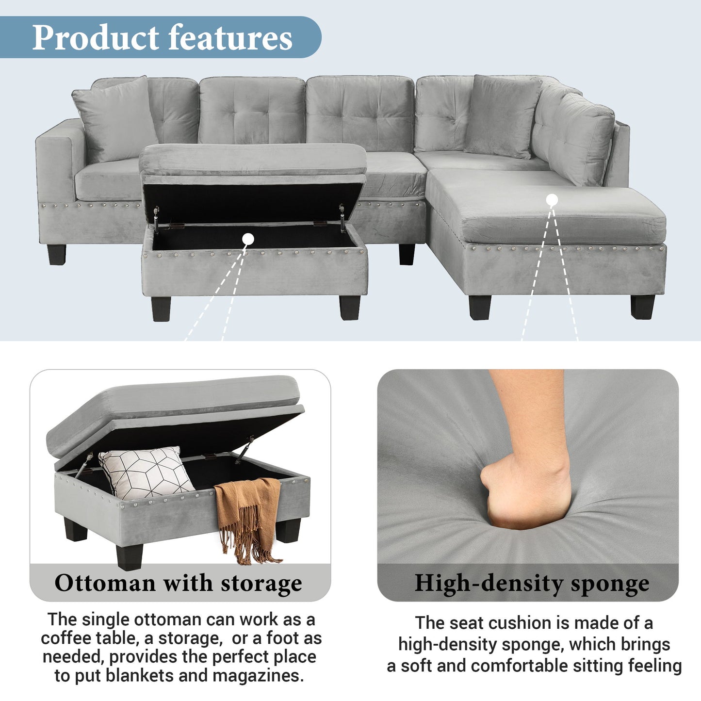 Modern Sectional Sofa With Storage Ottoman, L - Shape Couch With 2 Pillows And Cup Holders - Gray