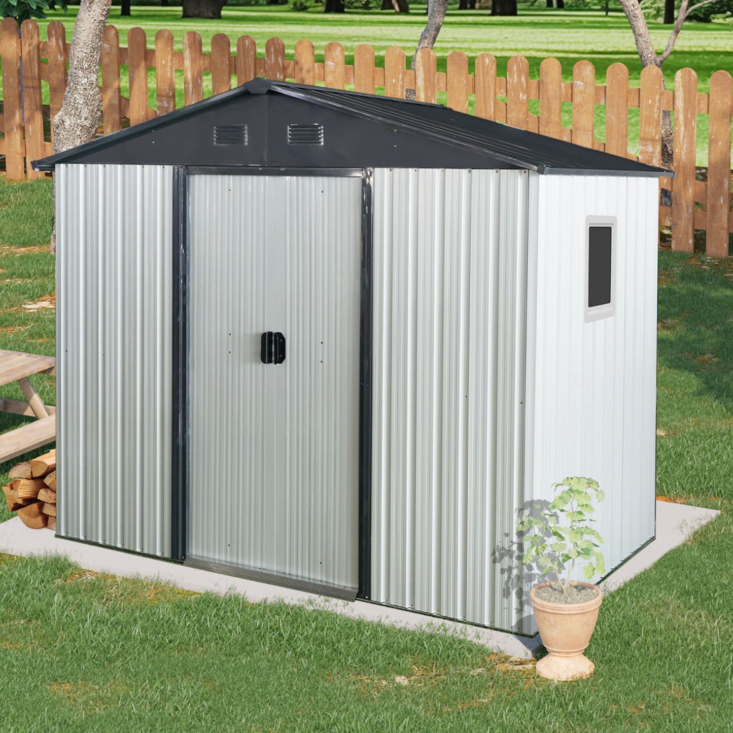 8Ft X 4Ft Outdoor Metal Storage Shed With Window And Metal Foundation For Backyard, Patio, Lawn - White / Black