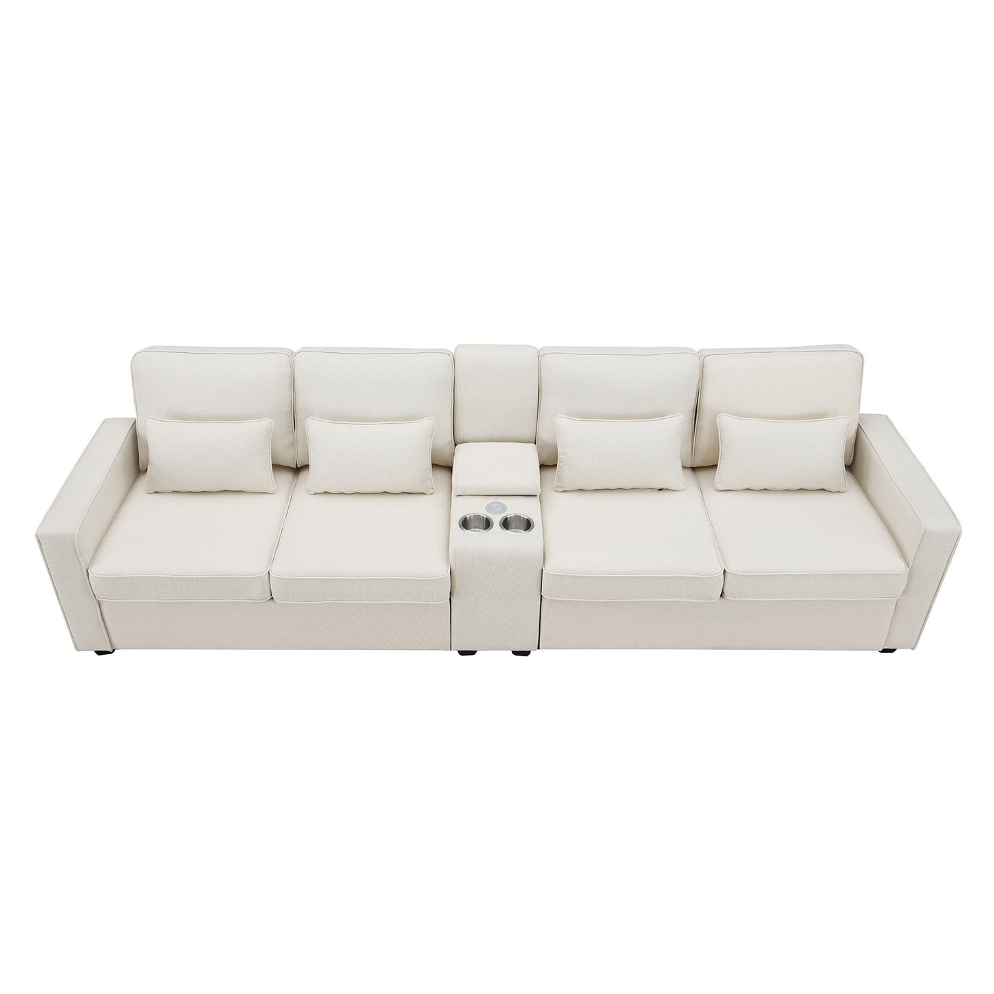 Upholstered Sofa With Console, 2 Cupholders And 2 USB Ports Wired Or Wirelessly Charged, Modern Linen Fabric Couches With 4 Pillows (4 Seat) - Beige