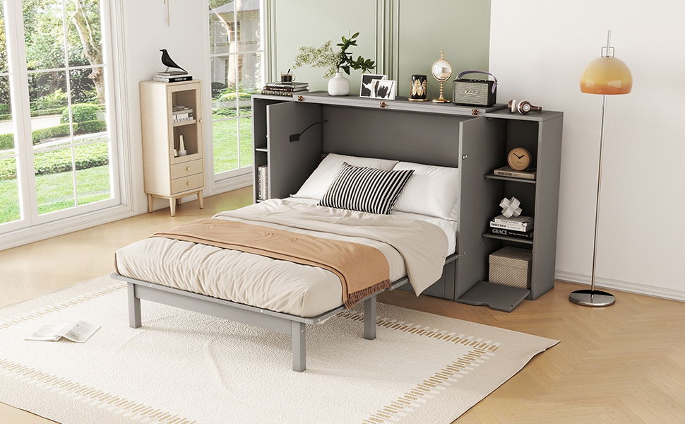 Full Size Murphy Bed With Shelves, Drawers And USB Ports - Gray