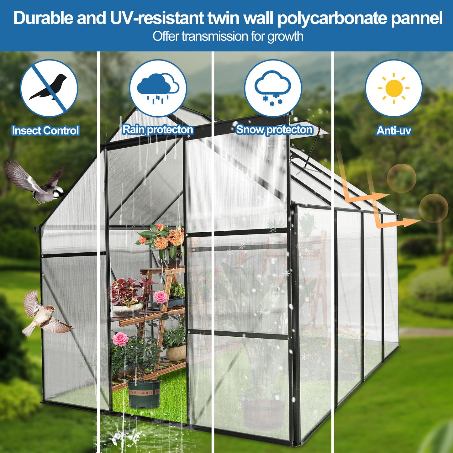 6X8 Ft Polycarbonate Greenhouse Raised Base And Anchor Aluminum Heavy Duty Walk-In Greenhouses For Outdoor Backyard In All Season - Black