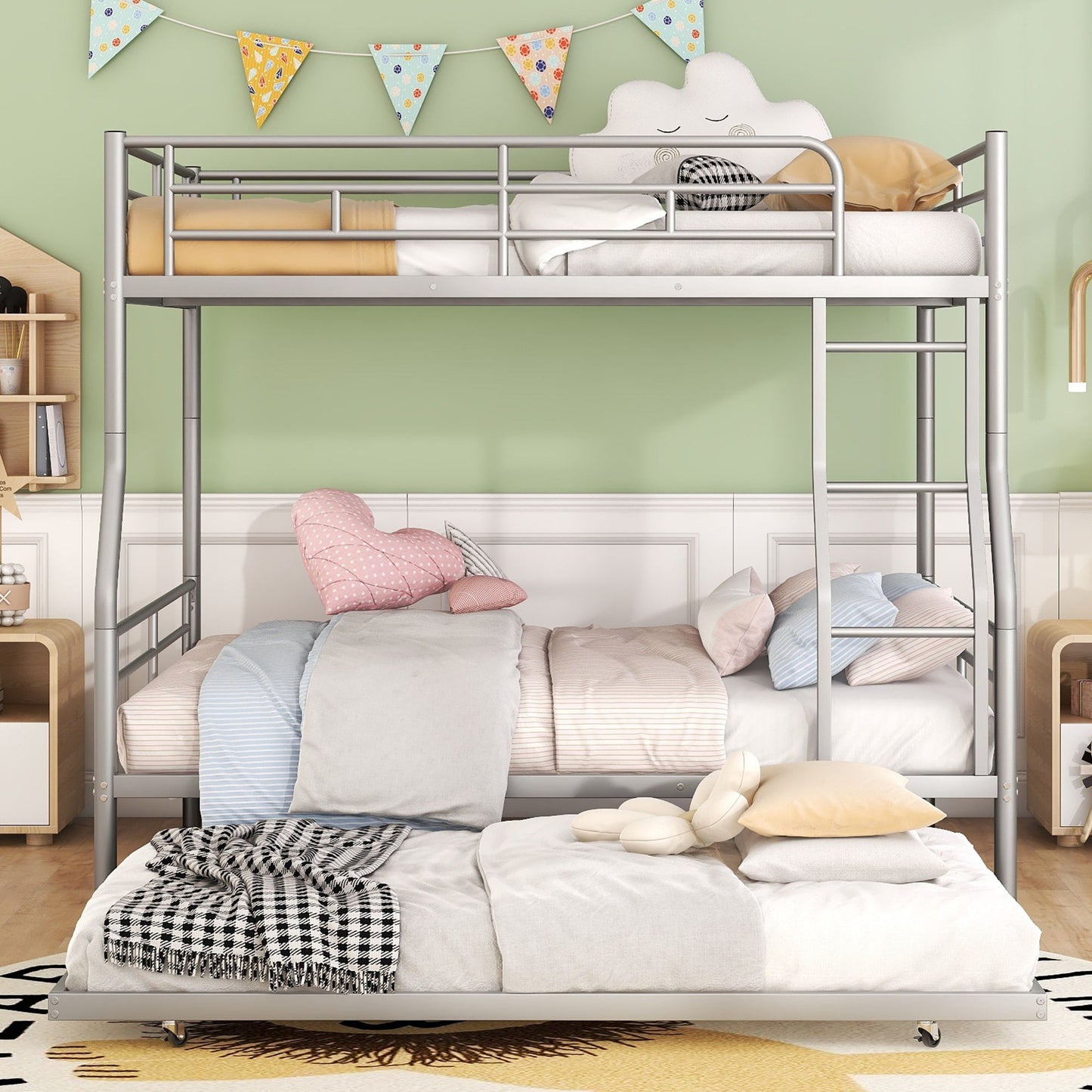 Full Long Over Queen Metal Bunk Bed With Trundle - Silver