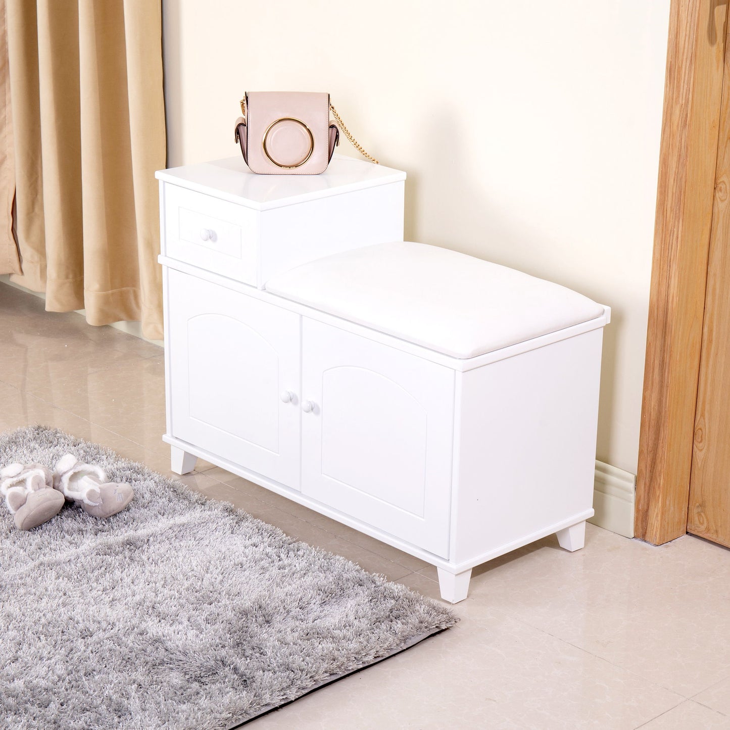 Shoe Storage Bench Cabinet With Fireproof Cushion, Double Doors And Movable Drawer For Door Entrance - White