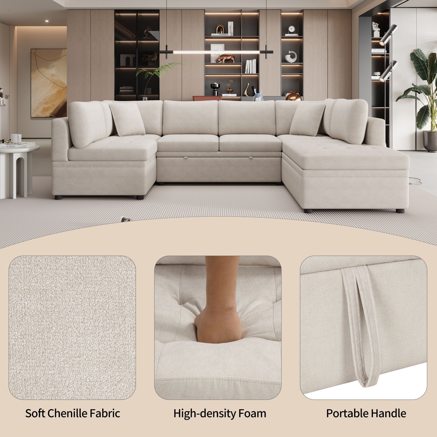Oversized Sectional Sofa U-Shaped Sofa Couch Pull-Out Sofa Bed With Two Throw Pillows For Living Room - Beige