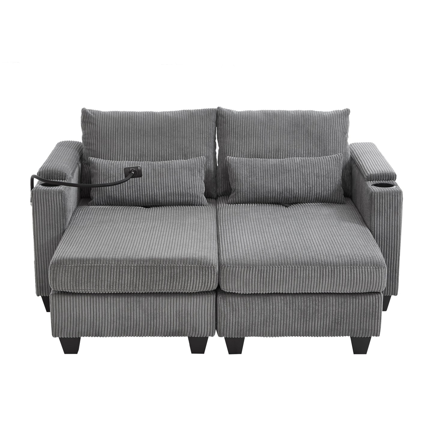 Convertible Chaise Lounge Loveseat Sofa Bed With USB Ports, Cup Holders, Phone Holder, Ample Storage - Gray