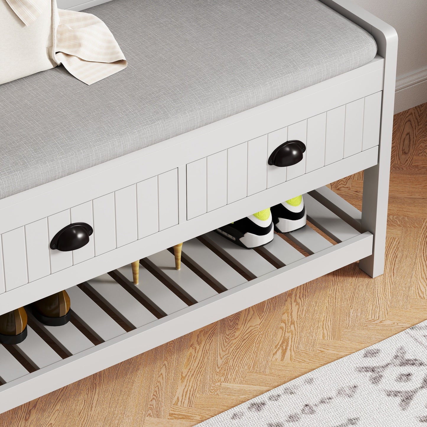 Modern 3 In 1 Hallway Hall Tree With Storage Drawers, Coat Rack, Shoe Rack Bench, And Cushion - Gray
