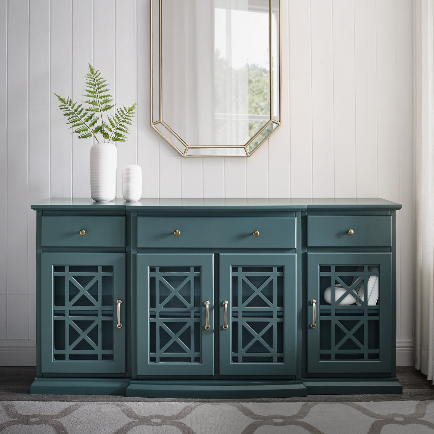 Classic Fretwork Detailed Glass Door Sideboard - Dark Teal