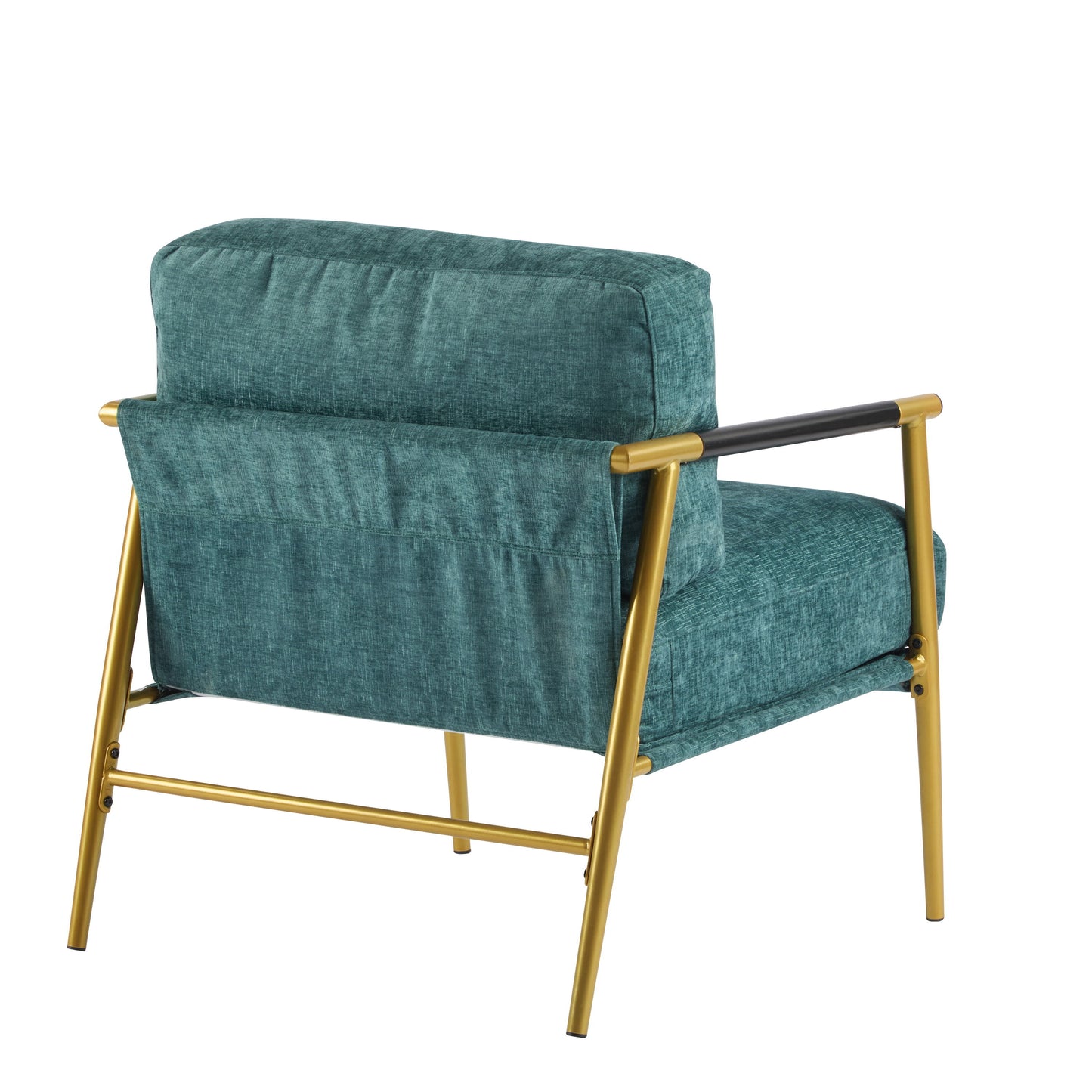 Modern Accent Chair With Plush Cushions, Metal Frame, Wooden Armrests Cozy Seating For Living Room, Bedroom, Office - Gold / Teal Blue