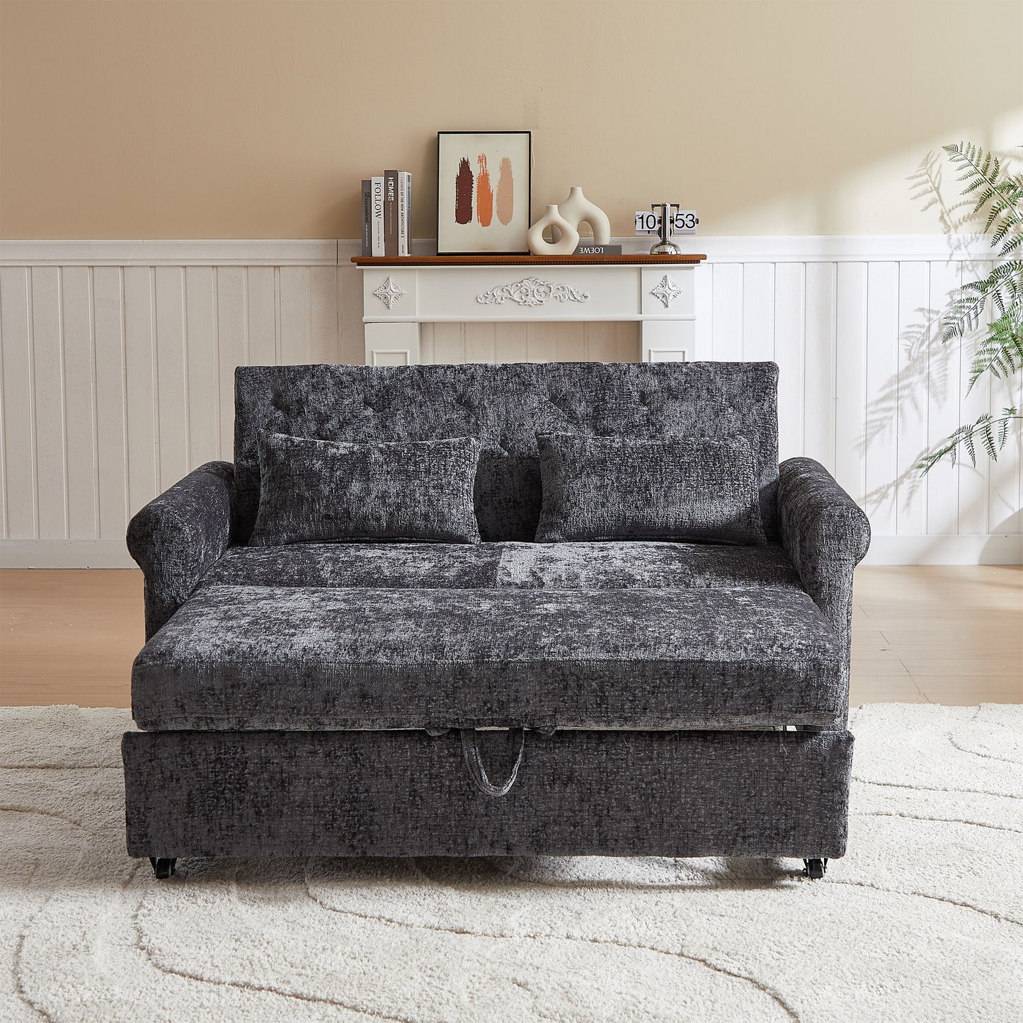 3 In 1 Loveseat Sofa Bed Chenille Fabric Pull Out Couch Sleeper Full Back Frame, Seat Frame, Armrests & 2 Pillows - Dark Gray