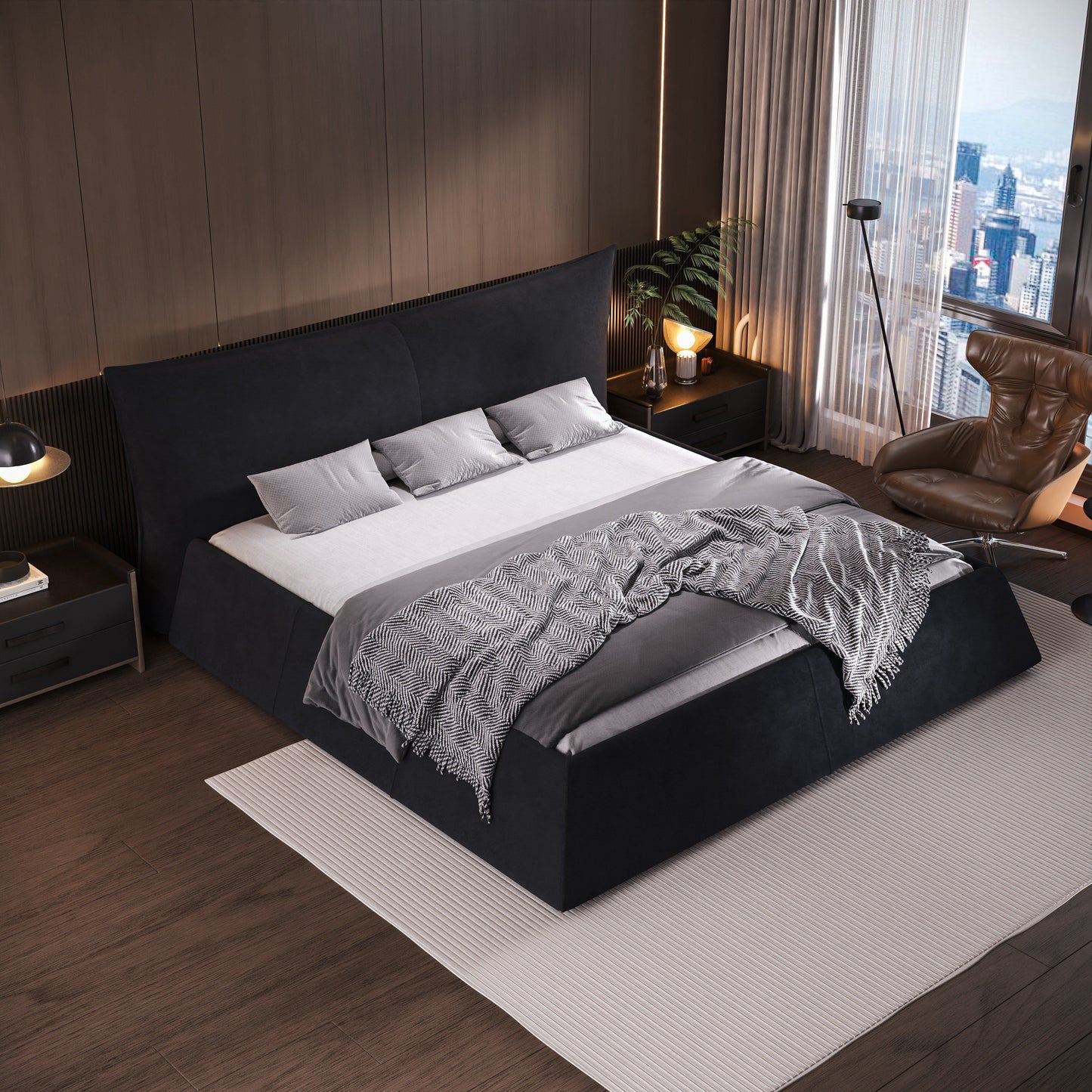 King Size Upholstered Platform Bed With Special Shaped Velvet Headboard, Metal & Solid Wood Frame - Black
