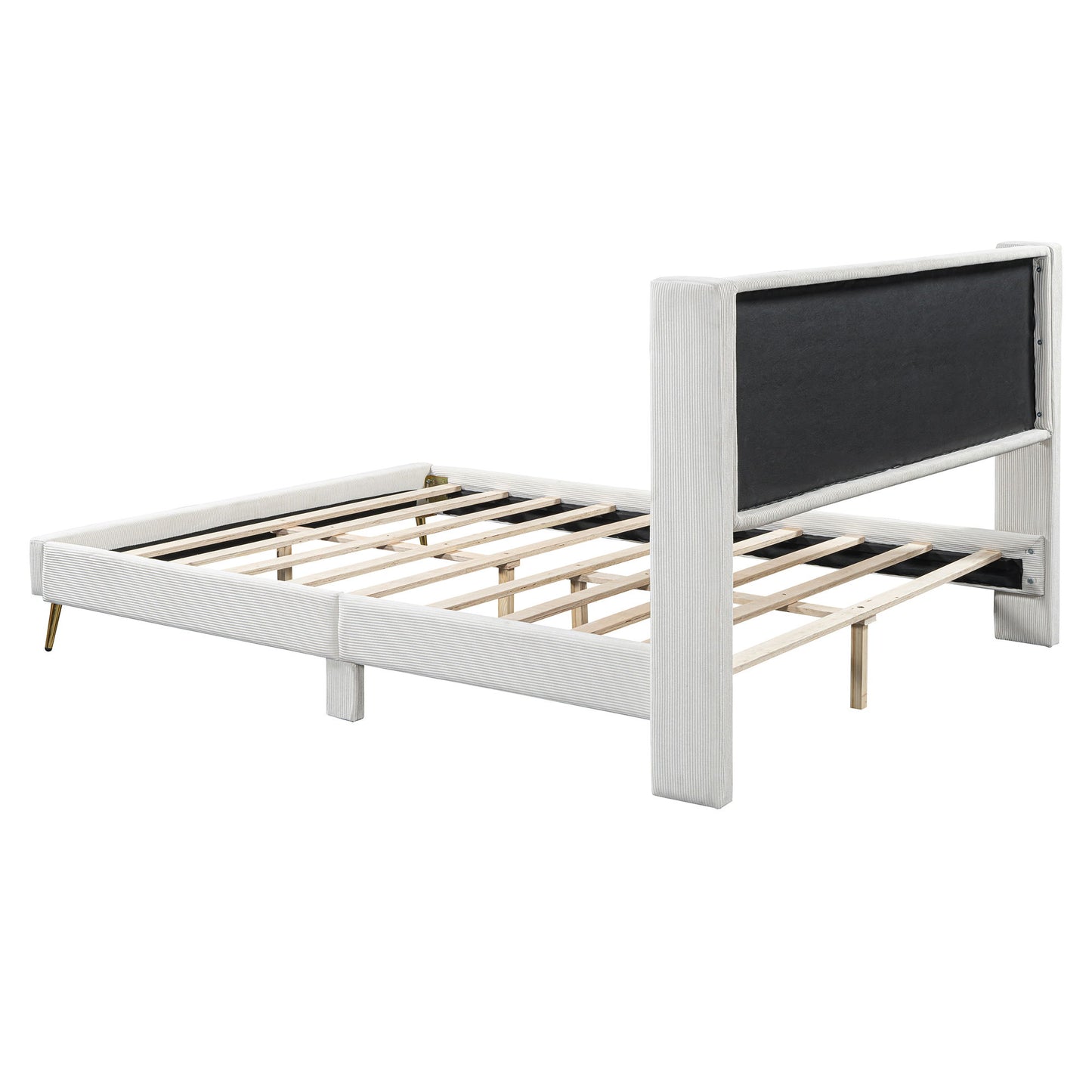 Queen Size Platform Bed With Legs, Frame And Tufted Headboard - Beige